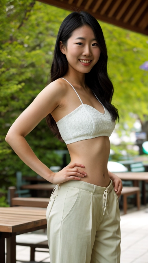 Young Japanese American female student, tall, arching back, long linen pants, knit bustier, bright skin,very long eyeline make up, shy, thin chest, close up, standing in a Czech beer garden, smile