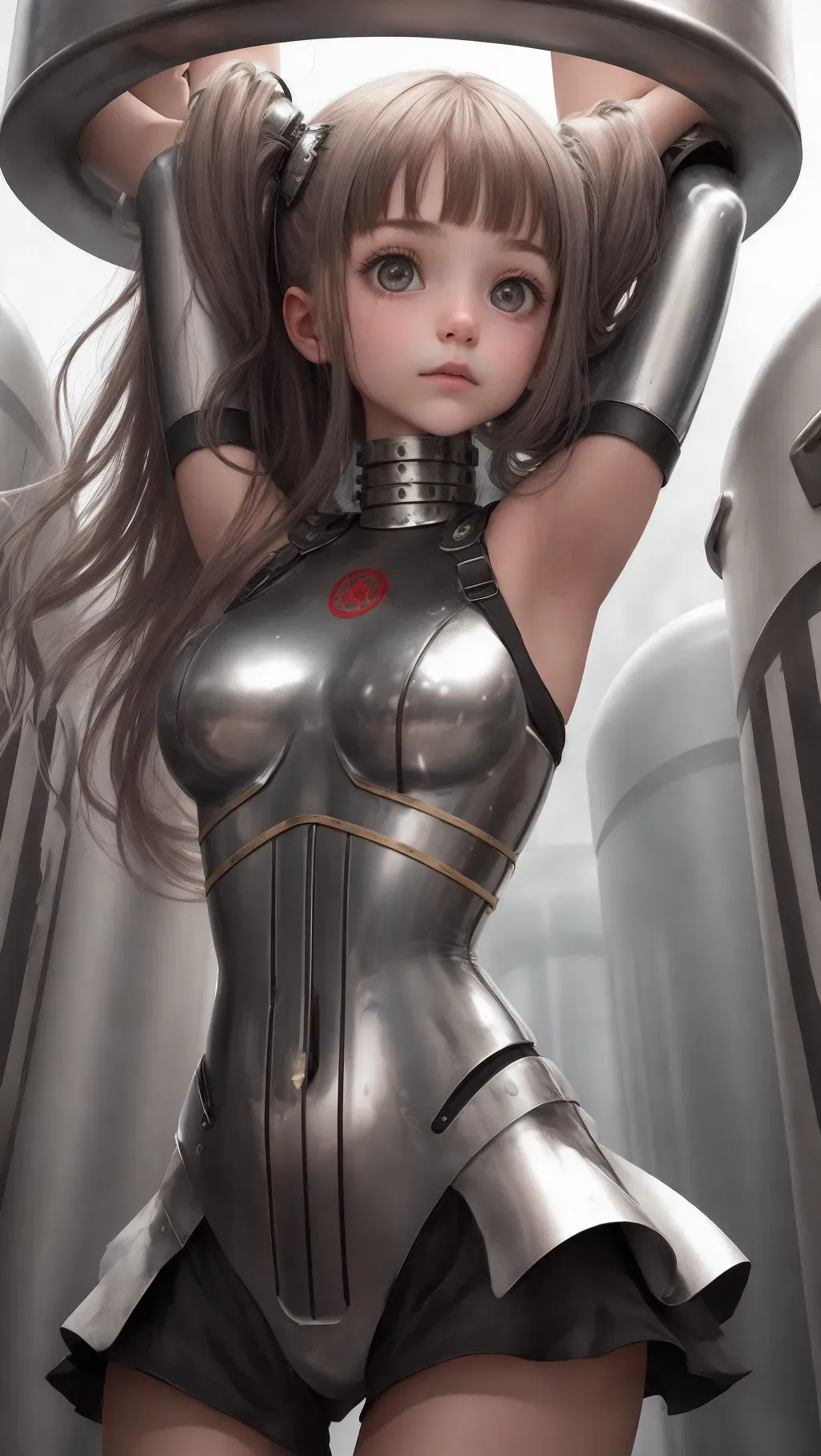 A Girl with both of her arms held in large metal tubes.