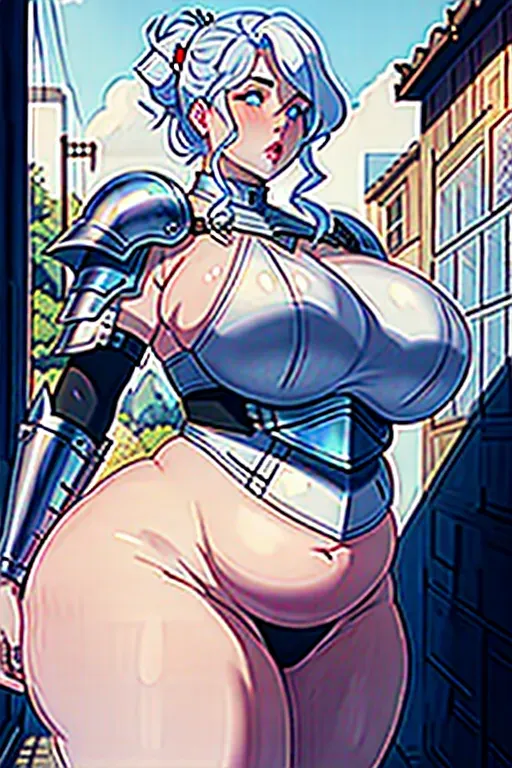 a photo shot of, an ssbbw girl, beer belly, mom bod, huge mom bod, fat mom bod, bloated, fat gut, huge gut, stuffed gut, swollen gut, huge stomach, giant beer belly, blushing, stuffed belly, chubby cheeks, thick neck, fattest girl, huge breasts, large belly, huge belly, fat belly, fat rolls, giant belly, double chin, chubby, huge thighs, fat thighs, giant thighs, massive thighs, thicc thighs, muffintop, huge muffintop, fat muffintop, spare tire, thicc, five fingers per hand, messy hair, white hair, curly hair, messy bun hairstyle, wide hips, weight gain, feederism, freckles, blue eyes, pale skin, mean face, smooth, pixiv, highly detailed, surreal, sharp focus, full body, fat arms, huge arms, extra large hips, extra large waist, tight clothes, wearing full plate armor, realistic metal armor, silver armor, medieval armor, knight armor, silver pauldron armor, metal panties, metal greaves