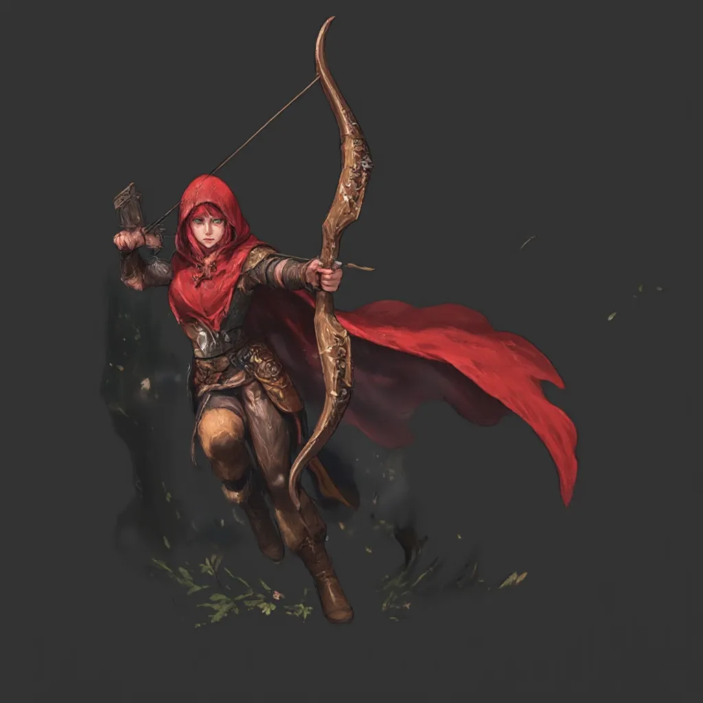 Anime-style illustration of Little Red Riding Hood grown up as a skilled hunter, Grungy yet elegant, red hair under cloak, a little feral, survivor, weathered strong green eyes leather clothes red cloak. Bow wearing a weathered crimson hooded cloak, leather armor, and fur-lined boots, holding an elegant longbow carved with forest motifs. She stands confidently in a misty enchanted forest at dawn, fallen leaves swirling around her. Sharp green determined eyes, subtle scars showing experience, wind flowing through her cloak. Cinematic lighting, dynamic pose, detailed fantasy anime art, high resolution, dramatic atmosphere