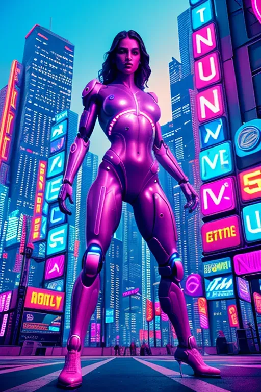 In this mesmerizing high-definition image, an athletic naked woman commands attention amidst a vibrant cyberpunk backdrop. She embodies strength, agility, and grace, her nude human physique sculpted and defined. Enhanced with cybernetic augmentations, she radiates a fierce and alluring energy, her presence accentuated by the neon-lit cityscape that surrounds her.
