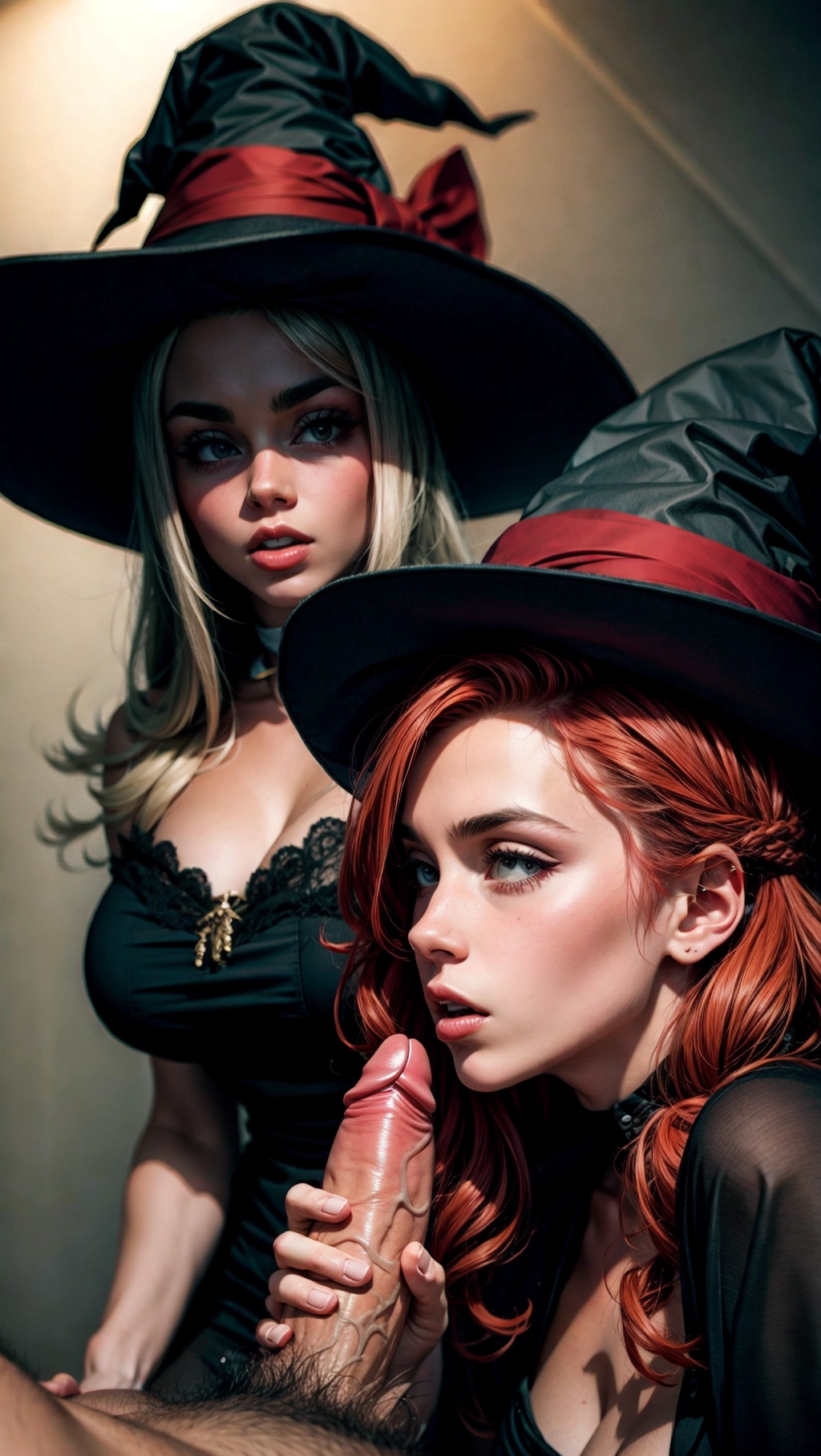 Masterpiece, professional, 64K resolution, cinematic lighting, cock focus, side view, side shot, ((imminent bowjob),
(a beautiful young witch using both hands to give a handjob),
((Her two hands are gripping the mans massive cock)), (both hands on massive cock)
gorgeous face, (((detailed face))), lips, (red hair), in shock, in awe, surprised, raised eyebrows, surprised face, witch hat,
absolutely massive breasts, (all black dress),
huge penis, ((handjob)), (perfectly accurate cock), lengthy cock, massive testicles, hanging testicles,
(Extremely girthy cock), veiny penis, no pubic hair,
(Gigantic cock),
((Accurate dick skin)),
((Accurate penis head)),
((Bigger penis head)), <lora:dpmg_add_detail:1>,