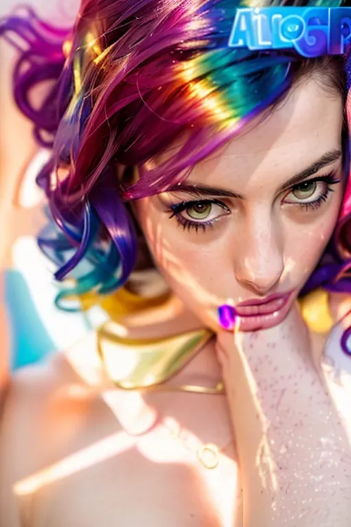 a photo shot of, Anne Hathaway, on her knees, rainbow hair,five fingers per hand,sexy face,beautiful lips,curved eyebrows,erotic ,smooth,8k,studio lighting,highly detailed,bokeh, open legs, perfect breasts