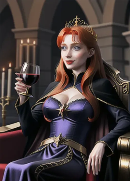 The beautiful adult ginger hair up in a low hanging bun mid-twenties moderate breasts big wide blue eyes wicked smile evil beautiful Queen Anna of Arendelle sits regally upon her throne in a dark dress with black long sleeved jacket top and gold trimmed long cape attached at the shoulders. dark vivid gothic make-up. Drinking a goblet of red wine. Sharing a toast with the Marques De Sade at her side. photorealistic. far shot. high resolution.