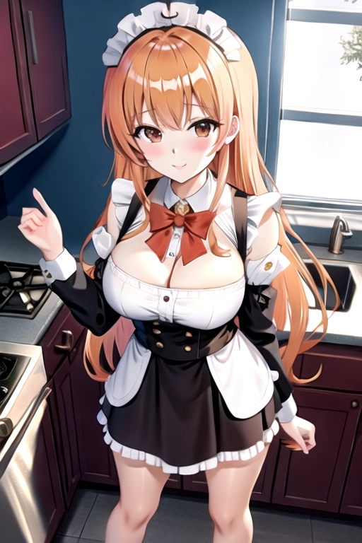 8k quality, brown eyes, pale white skin, orange hair, giant breasts, cleavage, looking at viewer, pov, long hair, wavy hair, maid uniform, high heels, miniskirt, standing in kitchen