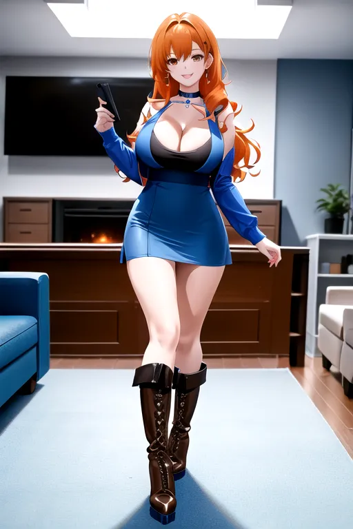 miniskirt, blue minidress, orange hair, choker, brown eyes, pale skin, giant breasts, boots, cleavage, high heels, looking at viewer, walking across room, living room, 1girl, smiling, wavy hair, 8K, Full body photo, slim body