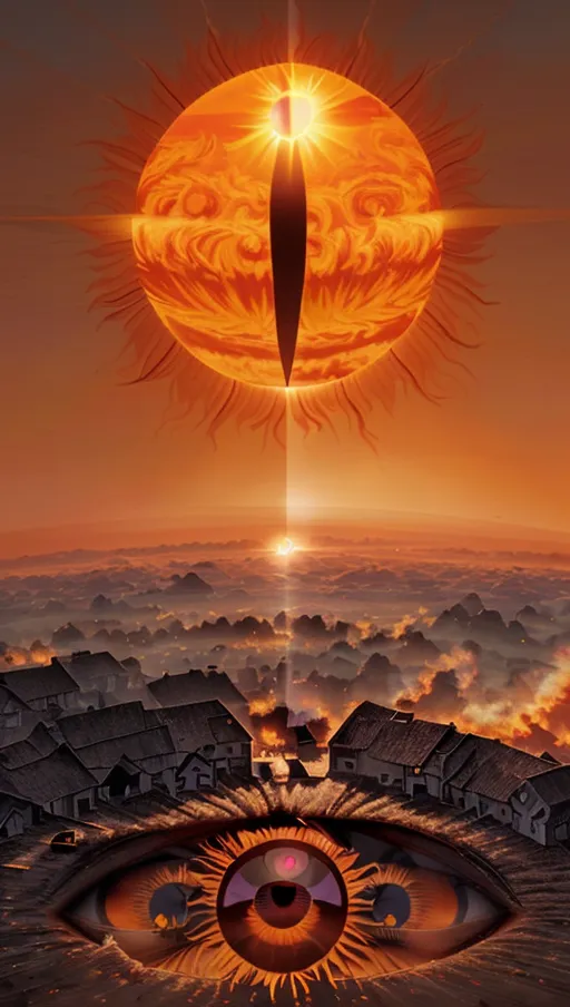 (((the sun in the sky has a giant straight vertical pupil))),
(The village beneath is on fire),