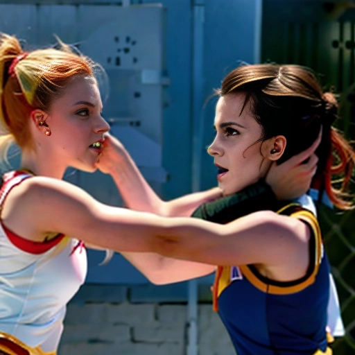 <lora:N7YxNJkNxBk_Hairpulling:0.8>
2 snarling white cheerleader captains from 2 different rival teams get into physical fight featuring two white girls wearing different coloured uniforms locked in a brutal fight ripping clothes scratching each other bloody
((Anya Taylor-Joy and Emma Watson))