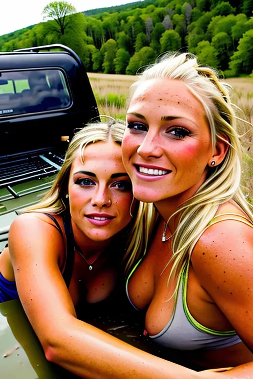 Professional photograph ultra detailed high definition ultra high resolution raw settings, closeup picture of gorgeous blonde and gorgeous brunette sitting on the tailgate of a 4x4 off-road pickup, ((looking into camera)), horny, beautiful faces, beautiful eyes, sensual lips, covered with mud, drinking beer out of bottles, sexually aroused t-shirts, short shorts, hiking boots, sexually excited,