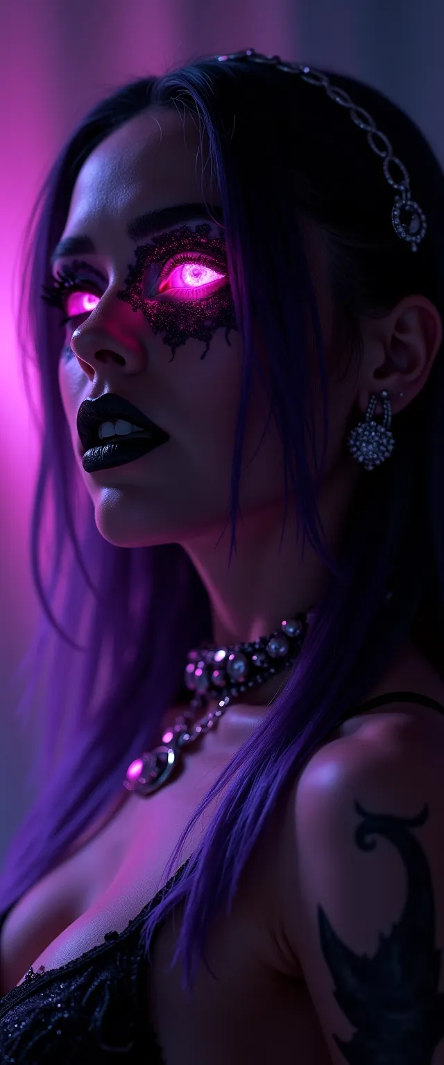 best quality, (((ultra high res))), (((big choker))), jewelry, (conjuring), witch, ((((black lipstick)))), ((black long sleeves)), ((purple glowing)), (((demon mark))), ((pink luminescence)), (((symbiote girl))), ((((((purple slicked back hair)))))), (((black spikes))), ((((symbiote corruption)))), (((((huge cameltoe))))), (((((corrupted symbiote face with glowing eyes))))), (((((symbiote face))))), (succubus horns), (((hourglass body))), (((((pink diamond Diadem))))), (((((in bed))))), ((((((nude)))))), (((((very huge nude tits))))), (((((very huge naked boobs))))), (((naughty teasing))), (((((purple slick back hair))))), ((very long purple straight hair)), (((sinister gaze))), ((mischievous)), keylight, (((((perfect ass))))), ((((from behind)))), pink glowing heart