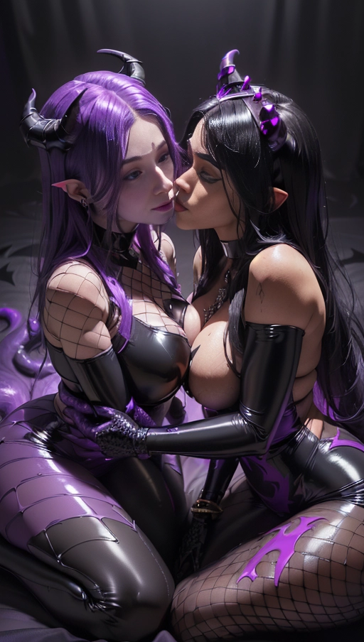 best quality, (((ultra high res))), (((detailed face and eyes))), (perfect face), (big shining heart choker), earrings, jewelry, (((big glowing succubus mark))), ((((big glowing succubus bodymark)))), (conjuring), 2 witches, ((very long voluminous hair)), ((((black hair)))), (((symbiote goo hair))), (((golden bracelet))), (((black skintight neckholder))), lipstick, (((((black demon tails))))), ((black long sleeves)), ((purple glowing hearts)), (((demon mark))), (((((bright purple glowing skin tone))))), (((straight hair))), ((purple glowing clothes)), ((purple luminescent)), ((((purple luminescent skin tone)))), (((purple skin))), ((((purple goo everywhere)))), (((2 symbiote girls))), ((((vampire suit)))), ((goo tail)), (((2 succubi))), ((((very very long hair)))), ((glowing eyes)), ((((big dark diamond crown)))), (((((big diadem))))), ((((huge cameltoes)))), ((heart on womb)), ((((black demon tails)))), (((black leggings))), ((((fishnet)))), ((latex)), (((black boots))), (((((2 girls cuddling))))), (((((two girls kissing))))), ((pushup)), (((Kylie Jenner and Kylie Jenner))), ((bed)), (((face closeup)))