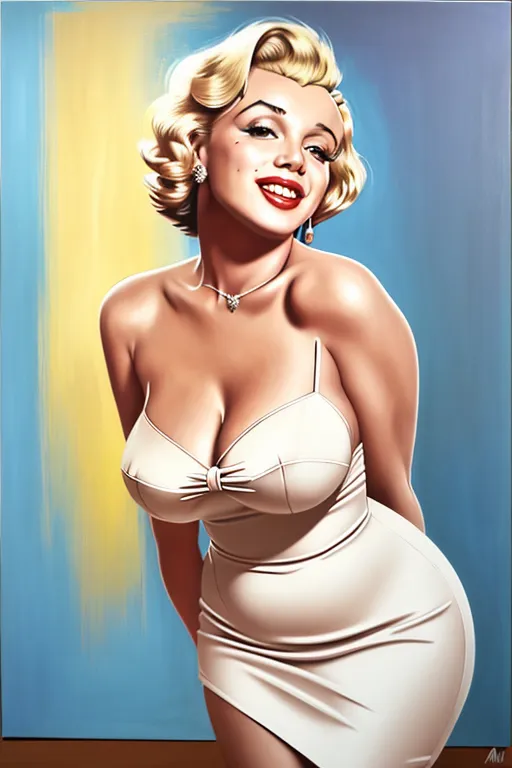 realistic artwork, marilyn monroe, super curvy, deep cleavage, big smile, dress, leaning towards viewer