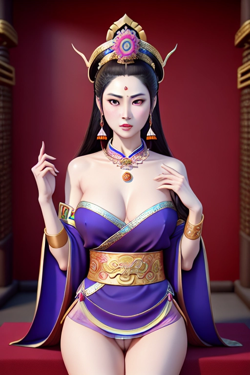 colour painting of, a ((full length)) Empress Wu Zetian of china, wearing headdress, necklace and sexy loincloth, ((full body and thighs visible)), seated in an elegant ancient Chinese bedroom, masturbating ,five slender fingers, gorgeous face, beautiful lips, long sexy legs, detailed large eyes,curved eyebrows,pale skin,cosy. artstation,bokeh,8k,cgsociety,editorial, <lora:dpmg_fingering:1>