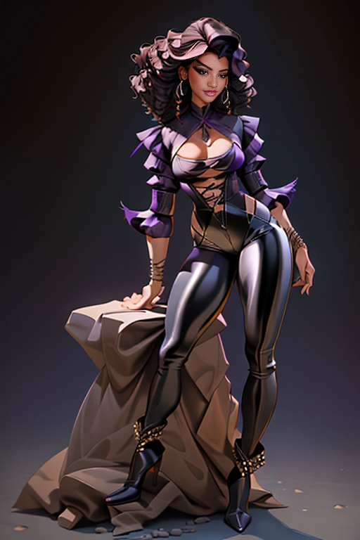 A studio photograph of (a voluptuous latina model on left of frame wearing an elaborate sexy dress of black and purple silk and exotic jewelry) and (a tall slender and muscular male model wearing nothing but black leather pants and boots)
Female model has bronze skin and a fit physique with large natural breasts and wide hips with a round ass
Female model has long thick black hair with loose curls
Female model leans into male model with a lustful expression and a small smile
Female model lays her hand on the chest of male model
Male model has short dark hair and a short trimmed beard
Male model has visible cock bulge in his leather pants
Male model looks down into eyes of female model with adoration
background is dark and smoky
<lora:dpmg_add_detail:1>