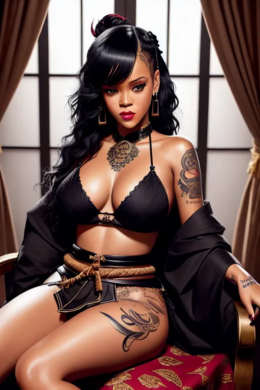 a illustration of,rihanna,wearing samurai clothes,sitting in a chair,indoor,big breasts,five slender fingers,wavy curtain bang,charming face,beautiful lips,curved eyebrows,curved eyelid,smooth skin,erotic,tattoo,professional,studio lighting,editorial,highly detailed,sharp focus
