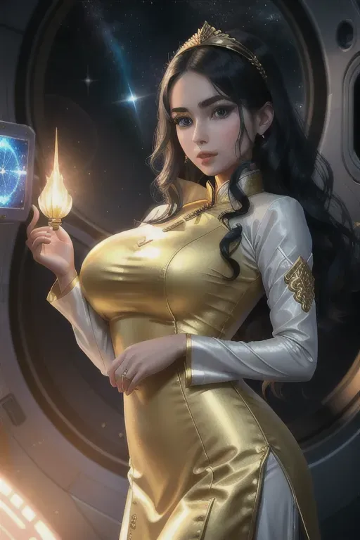 a concept art of,an ukrainian girl,wearing ao dai,touching breasts,in the space station,big breasts,five fingers per hand,wavy curtain bang,gorgeous face,beautiful lips,blue eyes,curved eyebrows,curved eyelid,textured skin,erotic,wearing golden ring,highly detailed,ultra realistic,smooth,pixiv,bokeh