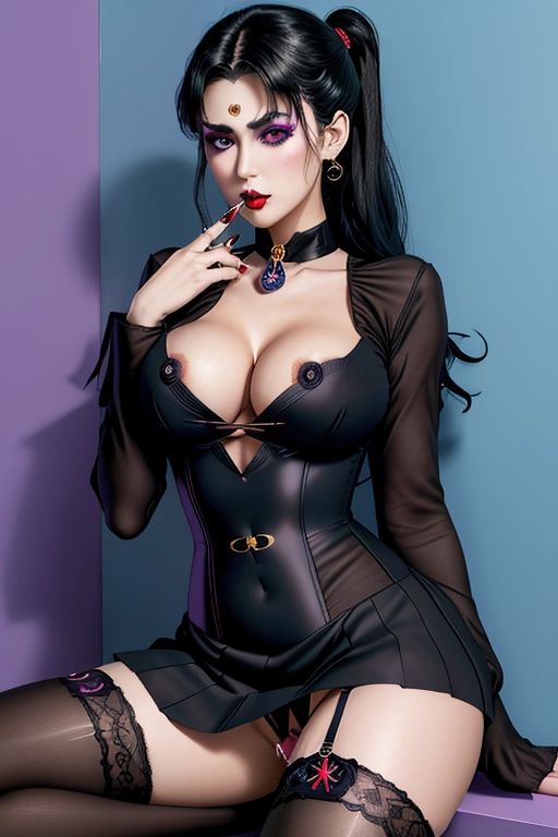 goth sailor moon, looking at you, (makeup:1), (random face:1.4), (outfit:1.5), cleavage, 8k, UHD, nice (breasts:1), nipples, (slut:1.4), spread legs, (fingering:1.4), (cum:1.4), thin waist, stockings