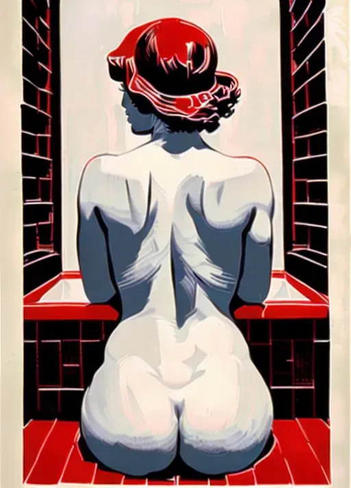flat borderless orthogonal monochrome rough crude linocut woodblock print style of Christina Hendricks as a 1890s serving girl, bathing in a copper tub, nude, large breasts, ((looking away from viewer)), ((((her back half turned to viewer)))), her expression calm and content, seen from an angle, , ((print must fill the picture with no surround)), black and white only, no grays