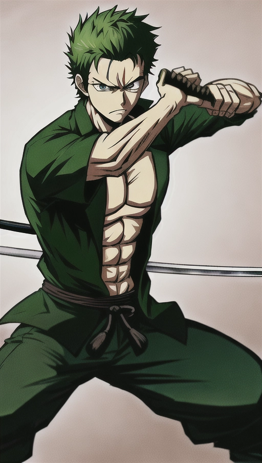 Roronoa Zoro in a sword stance preparing to strike. He looks serious and intense. There is green energy building up around him. His left eye is scared and closed.
