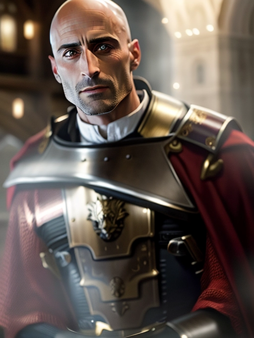 intricate highly detailed photorealistic realistic ultra realistic sharp focus with mark strong dressed in medieval lion armor with red accents