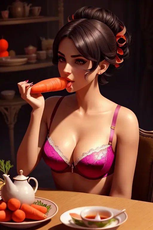 a concept art of,a fairy,wearing only a bra,sucking a carrot,in a tea party,tiny breasts,five fingers per hand,short hair,beautiful face,beautiful lips,curved eyebrows,curved eyelid,cosy,tattoo,pixiv,artstation,editorial,cinematic lighting,professional