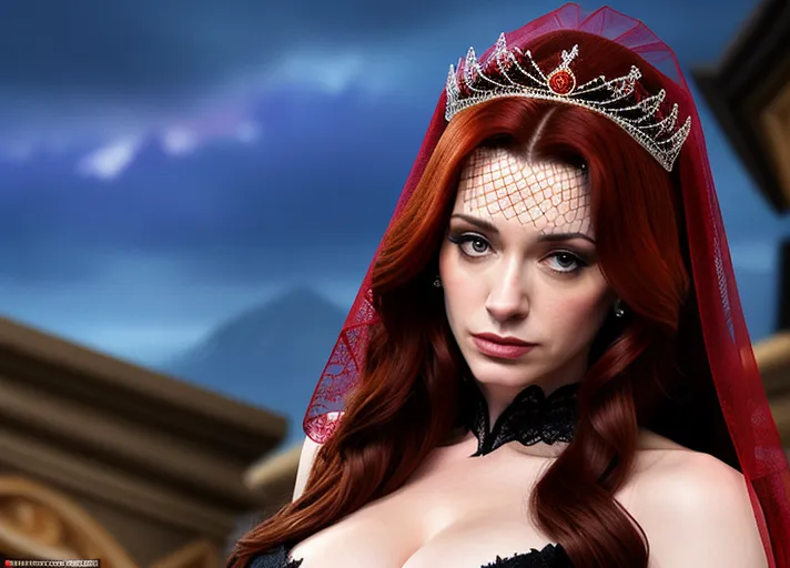 low angle set against the dark nighttime sky, Strong distinguished debonair black hared Dracula dressed in black and red prepares to claim sweet beautiful good girl auburn haired sapphire eyed hypnotized Queen Anna of Arendelle portrayed by Christina Hendricks in a black wedding gown and lace veil over her face taking her in his arms her neck arched in anticipation as his new vampire bride. photorealistic.