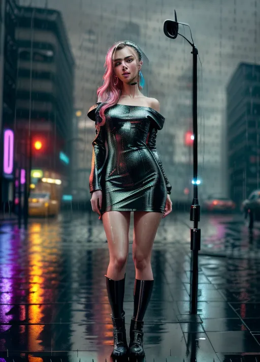 masterpiece, concept art, (((wide-angle shot:1.3))), highly detailed, centered, facing camera, looking at camera, 1girl (recording artist singer-songwriter Delaney Jane), (((up-aged:1.3))), (detailed thin face), (((realistic skinny body))), (((flat_chested:1.3))), ((full-body shot:1.3)), blonde hair piled up atop her head in volumized messy updo exposing the back of her neck, symmetric detailed glossy eyes, beautiful lips, open mouth, curved eyebrows, (detailed face:1.3), in a (shiny color dress), (((standing in the rain:1.3))),
(<lora:dpmg_add_detail:1>),
dreamy cyberpunk girl, cyberpunk art style, cyberpunk beautiful girl, cyberpunk girl, model girl, cyberpunk vibe, beautiful digital artwork, bright cyberpunk glow, cyberpunk vibrant colors, (neon rainy cyberpunk setting), cyberpunk vibes, neon rain, cyberpunk art, ultrarealistic 8k, has cyberpunk style, (8k RAW photo), (best quality), (masterpiece:1.3), (photo-realistic), hair highlighted, UHD, Nikon Z5, (35-80mm zoom lens), (((zoomed out:1.3))), f2.8, sharp focus, tack sharp, dof, film grain, Fujifilm XT3, (((dramatic lighting))), subsurface scattering, volumetric lighting, focused, intricate detailed background, dramatic pose, dramatic pov, dramatic angle, dramatic lighting, cinematic composition, (cinematic lighting:1.3), HDR, (highest quality:1.8), highest resolution, (photorealistic:1.72),
-s 200, -A k_dpm_2, -v 5.2