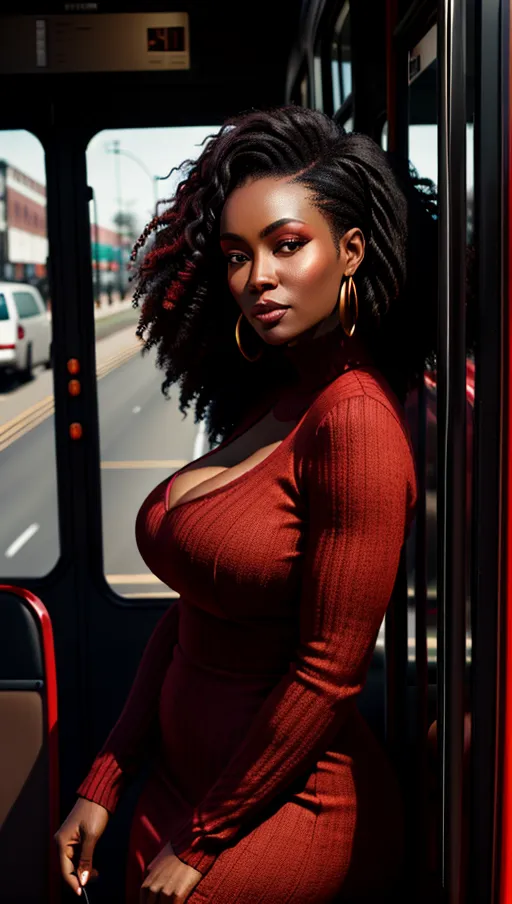 dark black woman,(red knit dress), thin, natural hair, thick golden creoles, standing outside a bus, high angle side view camera shot from inside bus, looking into camera, cgsociety,soft lighting, 8k high resolution photo, cleavage