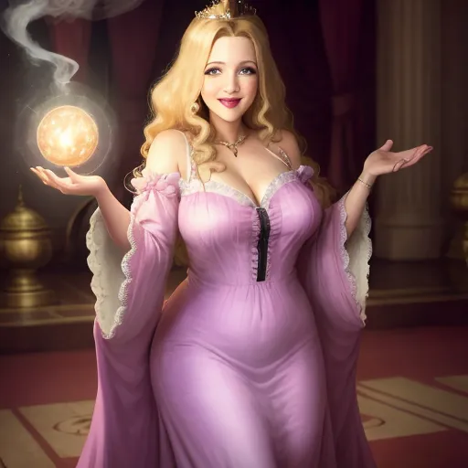 Hypnotized Princess Drew Barrymore. Wearing a nightgown. Smiling. In love with viewer. Fantasy setting.
