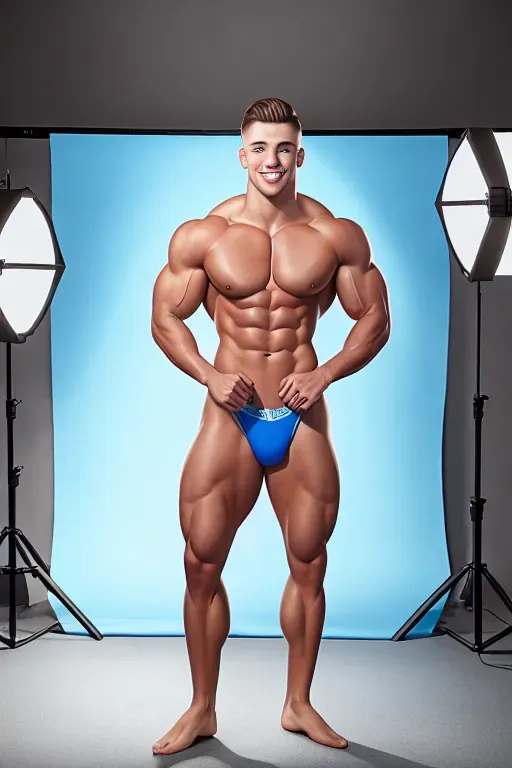 wide shot, 20 year old, a fitness model, fit, naked, blue, photo studio, day time, studio light, happy, 8k, professional