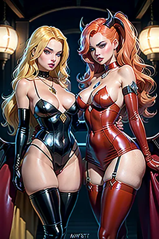 eyelashes, miss fortune from league of legends and margot robbie, parted lips, best quality, ultra high res, (detailed face and eyes), 2 girls, one girl with blonde hair the other one with red hair, perfect boobs, perfect body, 20, topless, seductive, very long hair, latex, leather, succubus, charming, magical necklace, corruption, demon wings, long demon tail, red latex gloves, spreading legs, red latex, very thick choker, glowing mark on body, 8k, ultra-detailed