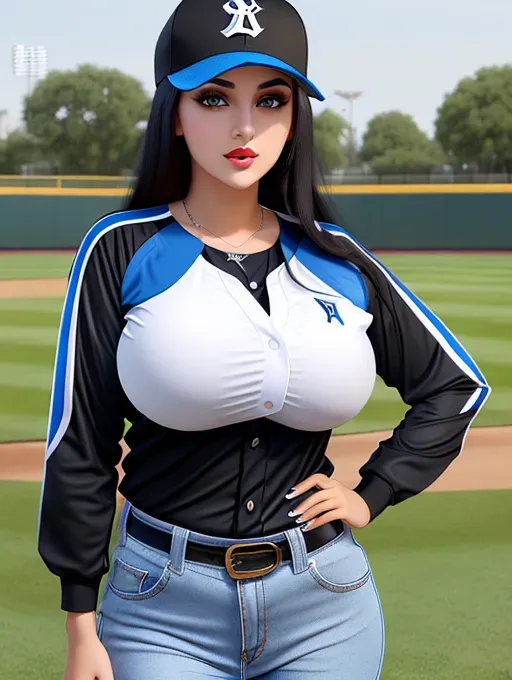 Gorgeous young Albanian woman, photo cute attractive face, large wide doe eyes, light colored eyes, big plump lips, huge gigantic boobs, (gigantic tits), raven-black hair, baseball cap, sexy, thin, slim waist, tight blue and white baseball jersey shirt, photorealistic, best quality, ultra high resolution