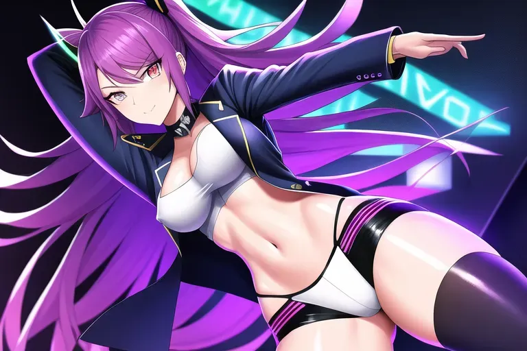 digital art, 20 year old, an anime girl, fit, blazer, navy, night club, night, neon lights, serious, 8k, professional