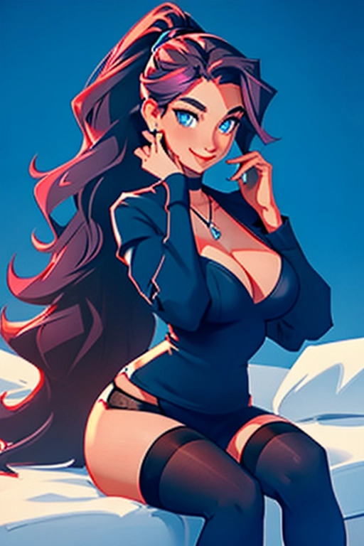 an ultra realistic photograph,(wearing black panties),(wearing black stockings),sitting,in living room, sexually excited, amazing breasts,big breasts,showing cleavage, lascivious smile, five slender fingers,ponytail,gorgeous face,beautiful lips,blue eyes,curved eyebrows,curved eyelid,wearing necklace,wearing earrings,highly detailed,bokeh,cgsociety,sharp focus,artstation,film style,happy,joyful,smiling,wavy hair,looking at camera,((accurate face)),((accurate face)),((hands behind her head))