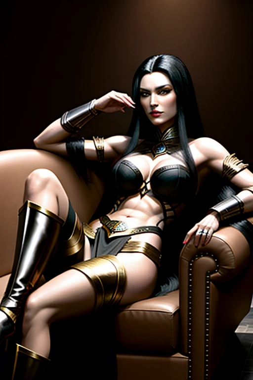 Female warrior, long black hair, Goddess of Rebellion, reclining on a chez lounge