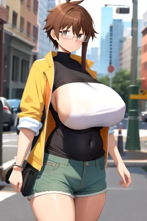 tomboy,glasses,big boobs,street clothes