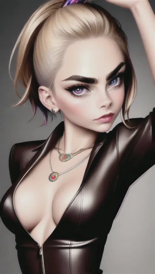 color photograph,Cara Delevingne,natural breasts,charming face,beautiful lips,curved eyebrows,textured skin,erotic,wearing necklace,surreal,cgsociety,highly detailed,