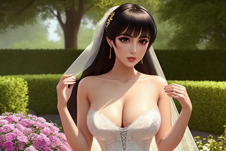 a digital art of,an e-girl,wearing wedding dress,touching breasts,in the garden,big breasts,five fingers per hand,bangs hairstyle,beautiful face,beautiful lips,black eyes,curved eyebrows,smooth skin,satisfaction,wearing golden ring,surreal,artstation,sharp focus,editorial,bokeh