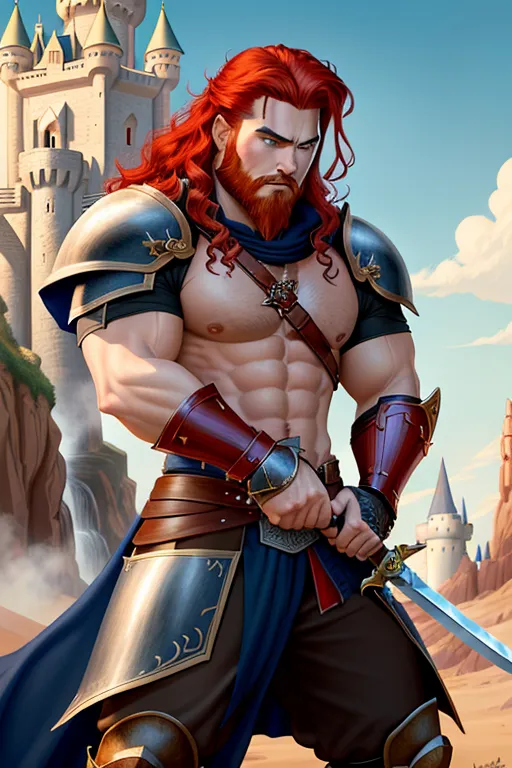 Disney animation, High fantasy, a strong, warrior human, stripping for his princess, wavy red hair, pale skin, angry eyebrows, handsome blue eyes, small nose, strong cheeks, full beard, strong chin, animal skin coat, black leather armor, huge two-handed greatsword, going into battle, battle field, war in the background, castle and dragon in the far background, high definition, 4k quality, excellent lighting, great shading, pristine detail, very clear picture, vibrant colors, accurate at lower promp guidence, ultra realistic, five fingers per hand.