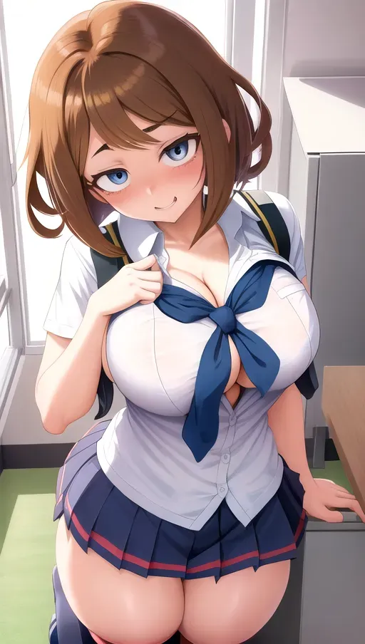 In the style of my hero Academia, 1girl, Ochaco Uraraka, school uniform, cleavage, sexy, giant sagging breasts, oversized tits, sagy tits, short brown hair, blue eyes, crouded classroom, nervous,