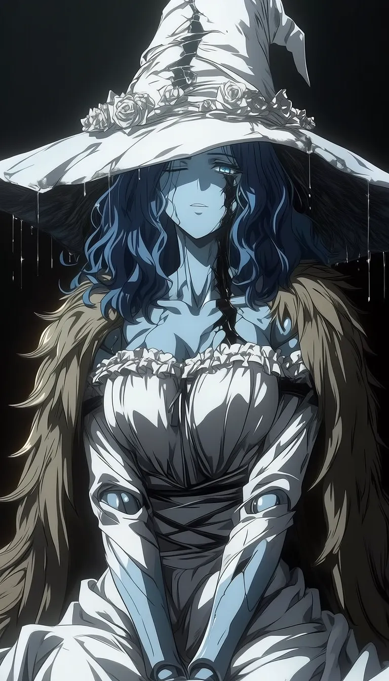 dark_art_style, (ranni_the_witch:0.6), blue eyes, one eye closed, blue hair, wavy hair, blue skin, colored skin, cracked skin, doll joints, witch hat, large hat, white headwear, white dress, long sleeves, fur cloak, brown cloak, masterpiece, highres