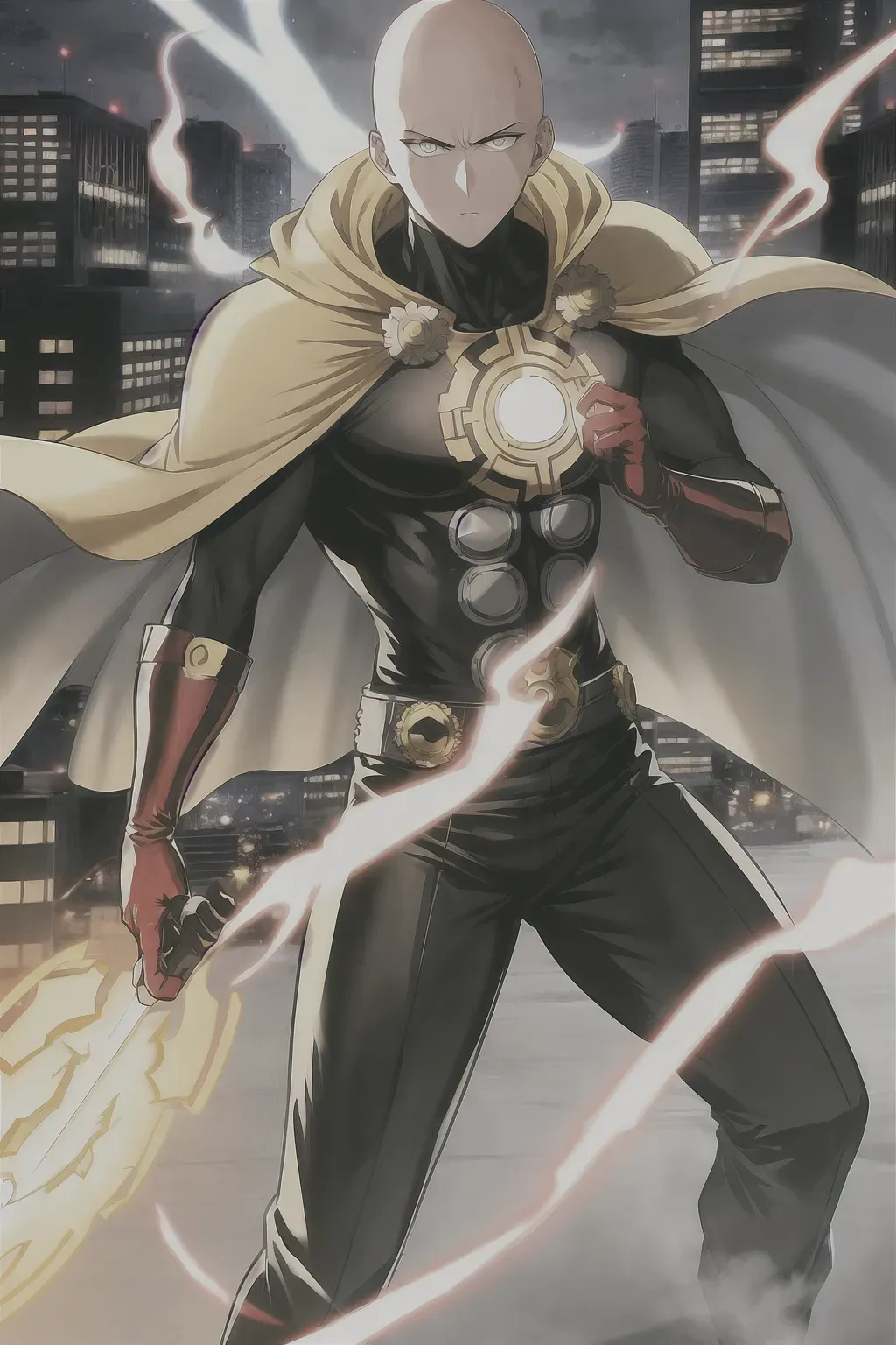 One punch man, anime, bald head, 8k wallpaper, black eyes, best quality, detailed eyes, ultra hd, global lighting, hi-resolution, high quality, yellow costume, white cape, red gloves, red boots, fighting stance, in a city