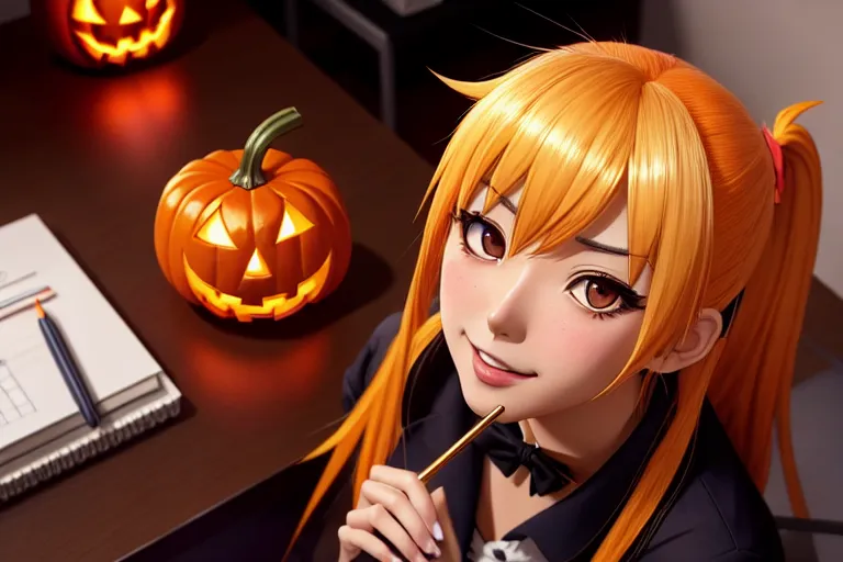 a color pencil draw of,chitoge kirisaki,wearing halloween clothes,sitting on bent knees,at the office,five slender fingers,silky hair,beautiful face,beautiful lips,curved eyebrows,curved eyelid,peaceful,wearing golden ring,artstation,surreal,studio lighting,cgsociety,unreal engine