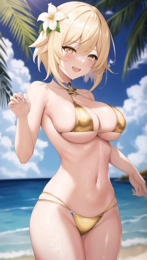 1 girl, Genshin Impact, Lumine, short blonde hair, gold eyes, white flower in hair, (topless), gold bikini, beach, palm trees, squeezing breasts, laughing, teasing