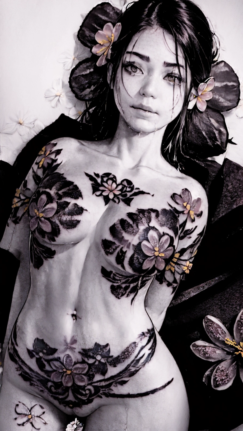 ((<lora:manga_lineart:1.2>)), 1 hot (Yakuza) woman (30) (((naked:1.1))) shows her (((stomach flower tattoo:1.6))) seated in an (((onsen))), (((flower tattoo:1.6))), (((breast flower tattoo:1.6)), ((chest flower tattoo:1.6)), ((thighs tattoo))), she wears only a ((short towel around her neck)), ((smirk:1.3)), ((close-up)), onsen, (((wet skin:1.4))), (((flower tattoo from neck to vagina))), ((long:1.6) (auburn:0.8) (blue:0.4) hair), exposed hairy pussy, (((stomach covered by flower tattoo:1.6))),
cinematic lighting, ((cinematic composition)), 32k, HDR, highest quality, highest resolution, (photorealist:1.72), (photorealism:1.72), (masterpiece:1.18), --s 750