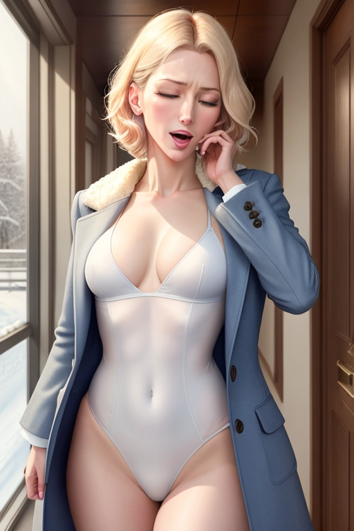 Cate Blanchett standing in the entrance hall of her house Modern fantasy style. She is wearing an overcoat open to reveal a sexy white gymnastics leotard underneath. winter landscape outside the window. Bandes dessinees, anime, they are being overcome by an ((uncontrollable sneezing fit)) ((sexual sneezing)) with her nostrils flaring, ((her eyes closed)) and ((her mouth wide open)).