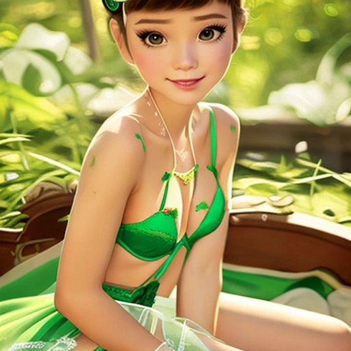 Disney style princess young in green lingerie, stockings, show full body, shear bra