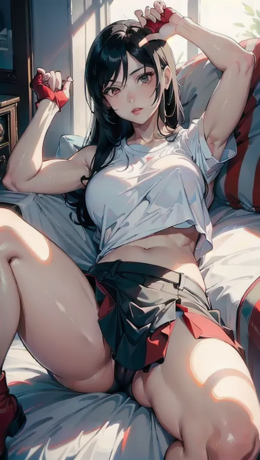 a digital photograph of, tifa lockhart, ((<lora:dpmg_upshirt:1.6>)), red eyes, curved eyelids, long messy hair,
lying on bed, spreading legs,
wearing a (((white shirt))), black skirt, red gloves, brown boots
highly detailed face, perfect face, beautiful eyes, cinematic composition, beautiful lips, perfect lips, vivid colors, HDR, highest quality, highest resolution, (photorealist:1.2), (photorealism:1.2), (masterpiece:1.4)