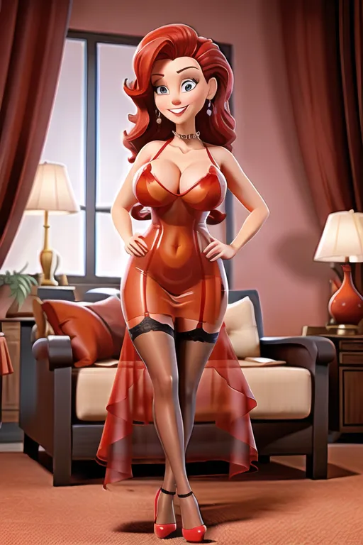 Sexy milf in a transparent red sundress wearing high heels, stockings, big nipples visible