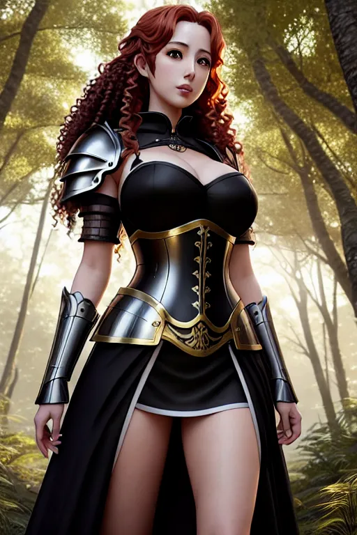 a digital art of,inoue orihime,wearing medieval armor,standing,in the forest,big breasts,five fingers per hand,curly hair,gorgeous face,beautiful lips,black eyes,curved eyebrows,pale skin,cosy,tattoo,8k,cinematic lighting,cgsociety,studio lighting,editorial